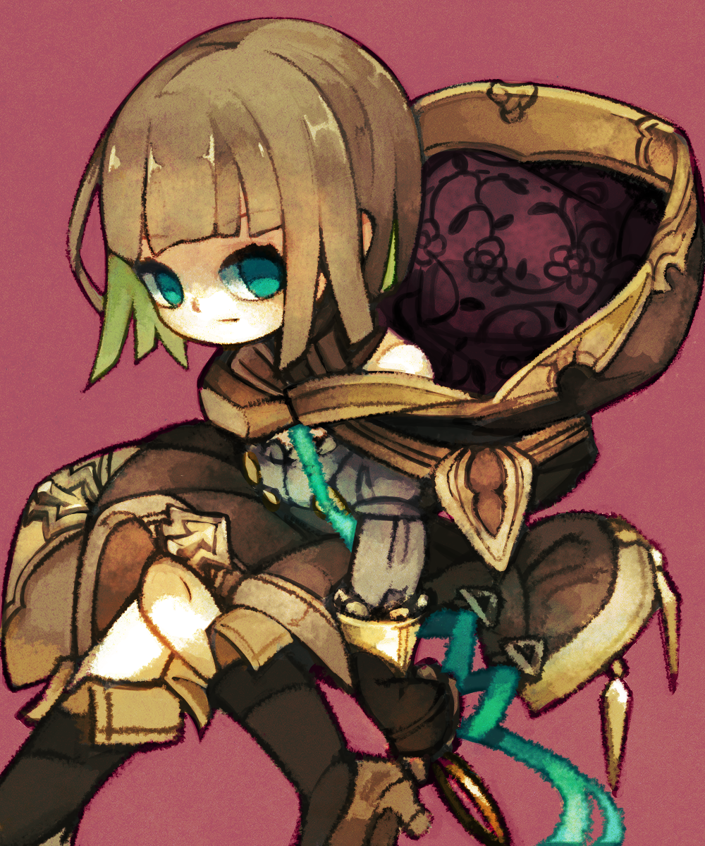 1girl :| aqua_eyes bangs bare_shoulders black_gloves blunt_bangs bob_cut boots breasts brown_skirt closed_mouth empty_eyes eyebrows eyebrows_visible_through_hair gloves gretel_(sinoalice) grey_shirt high_heel_boots high_heels highres knee_boots knees_together_feet_apart light_brown_hair long_sleeves medium_breasts no_pupils off-shoulder_shirt pink_background puffy_long_sleeves puffy_sleeves shirt short_hair sinoalice skirt solo yukino_super