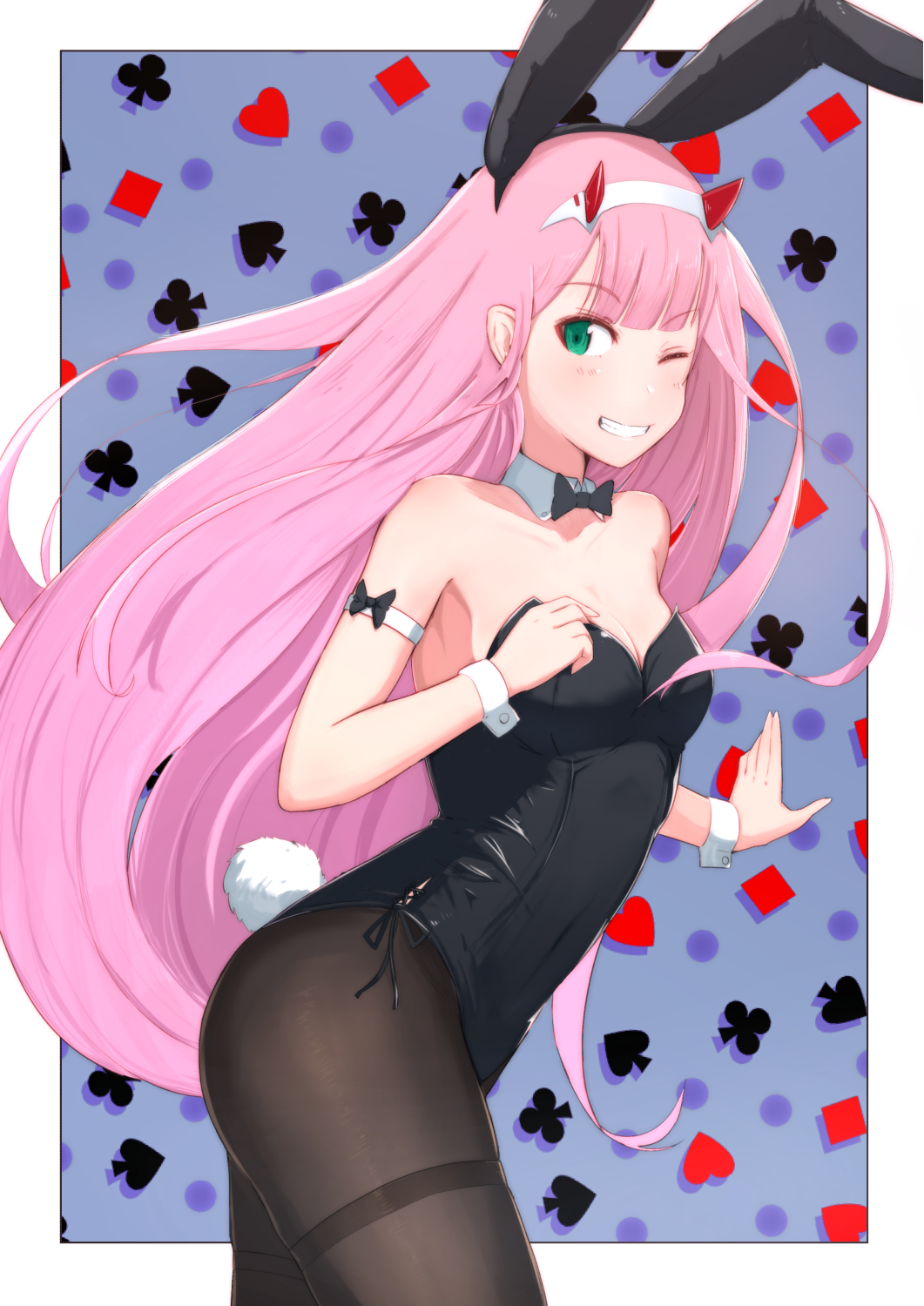 1girl ;d alternate_costume animal_ears arm_strap bangs black_bow black_legwear black_leotard black_neckwear black_ribbon blunt_bangs bow bowtie breasts bunny_tail bunnysuit cleavage collarbone commentary_request darling_in_the_franxx detached_collar eyebrows_visible_through_hair fake_animal_ears fake_tail green_eyes grin hairband highres horns horns_through_headwear leaning_forward leotard long_hair looking_at_viewer medium_breasts one_eye_closed open_mouth outside_border pantyhose pink_hair rabbit_ears revision ribbon side-tie_leotard smile solo straight_hair strapless strapless_leotard tail teeth thighband_pantyhose uneg very_long_hair white_hairband wrist_cuffs zero_two_(darling_in_the_franxx)