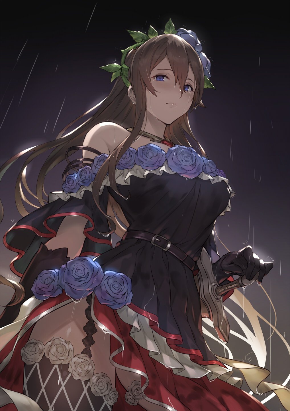 1girl bare_shoulders belt blue_flower blue_rose breasts brown_hair cleavage closed_mouth dress flower from_below garter_straps gloves granblue_fantasy hair_between_eyes hair_flower hair_ornament highres jewelry kakage large_breasts long_hair looking_at_viewer looking_down necklace patterned_legwear rain rose rosetta_(granblue_fantasy) sheath sheathed skirt solo sword thigh-highs violet_eyes water_drop weapon wet white_flower white_rose wide_sleeves