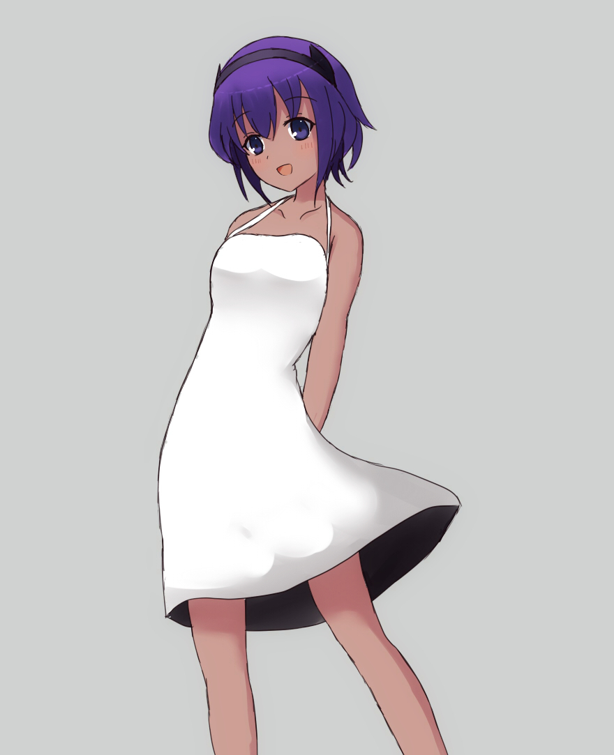 1girl :d arms_behind_back bare_arms bare_shoulders black_hairband blush collarbone dress fate/prototype fate/prototype:_fragments_of_blue_and_silver fate_(series) grey_background hairband hassan_of_serenity_(fate) head_tilt mitchi open_mouth purple_hair simple_background sleeveless sleeveless_dress smile solo standing violet_eyes white_dress