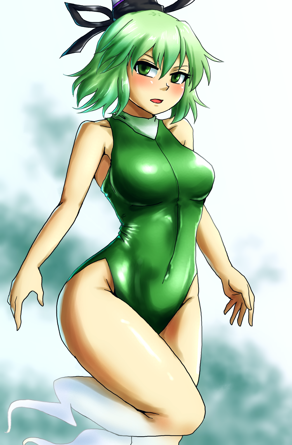 1girl breasts competition_swimsuit d-m_(dii_emu) ghost_tail green_eyes green_hair green_swimsuit hat highres loo looking_at_viewer medium_breasts one-piece_swimsuit open_mouth short_hair soga_no_tojiko solo swimsuit tate_eboshi touhou