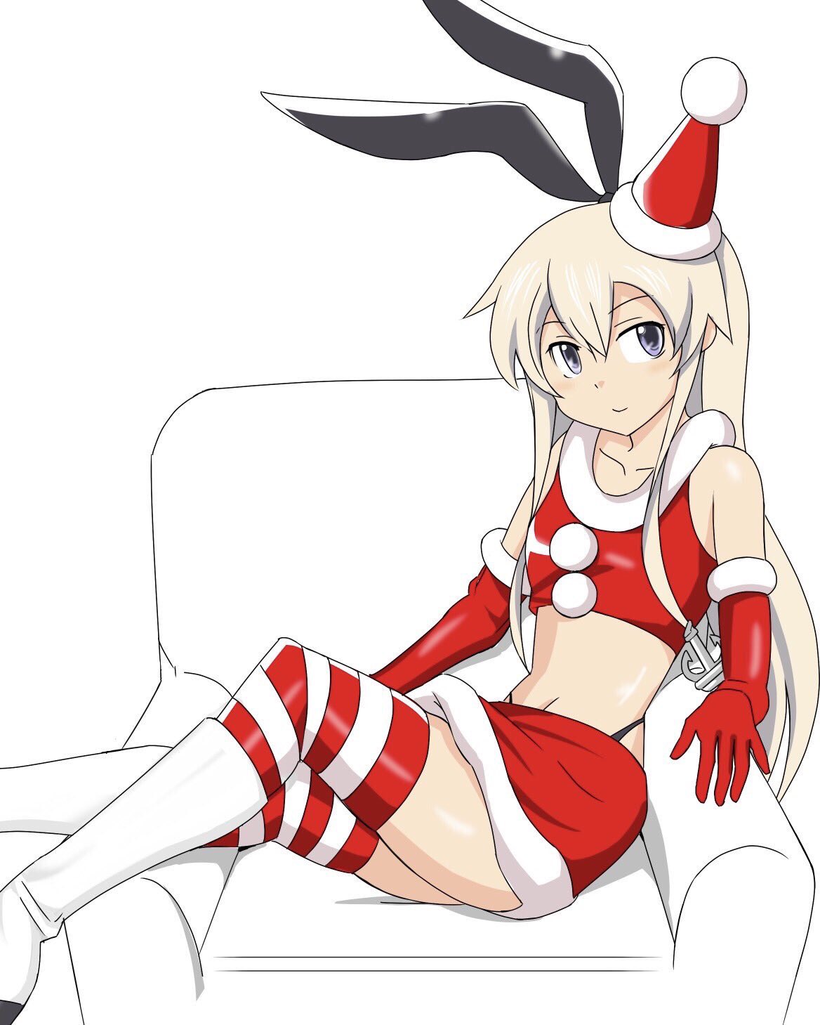 1girl adapted_costume anchor_hair_ornament animal_ears blonde_hair boots breasts chair commentary_request crop_top easy_chair elbow_gloves fake_animal_ears fur_trim gloves grey_eyes hair_between_eyes hair_ornament hairband hat highres inoue_kousei kantai_collection legs_together long_hair looking_at_viewer navel rabbit_ears santa_costume santa_hat shimakaze_(kantai_collection) sidelocks sitting skirt sleeveless small_breasts smile solo striped striped_legwear thigh-highs