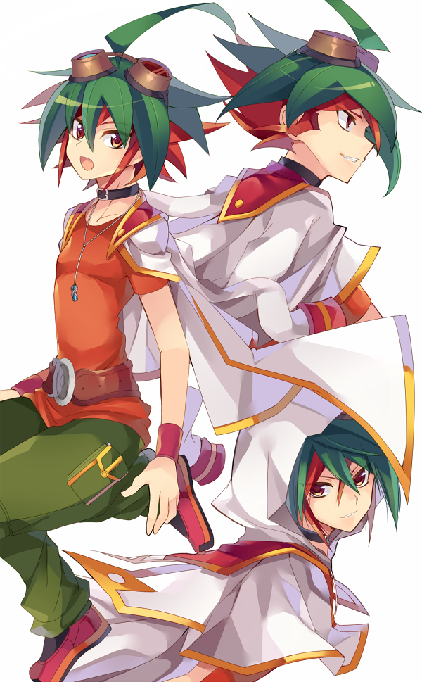 ahoge choker goggles goggles_on_head green_hair green_pants grin looking_at_viewer multiple_persona pants red_eyes red_footwear red_shirt redhead rento_(rukeai) sakaki_yuuya shirt shoes short_sleeves smile spiky_hair star yu-gi-oh! yuu-gi-ou_arc-v