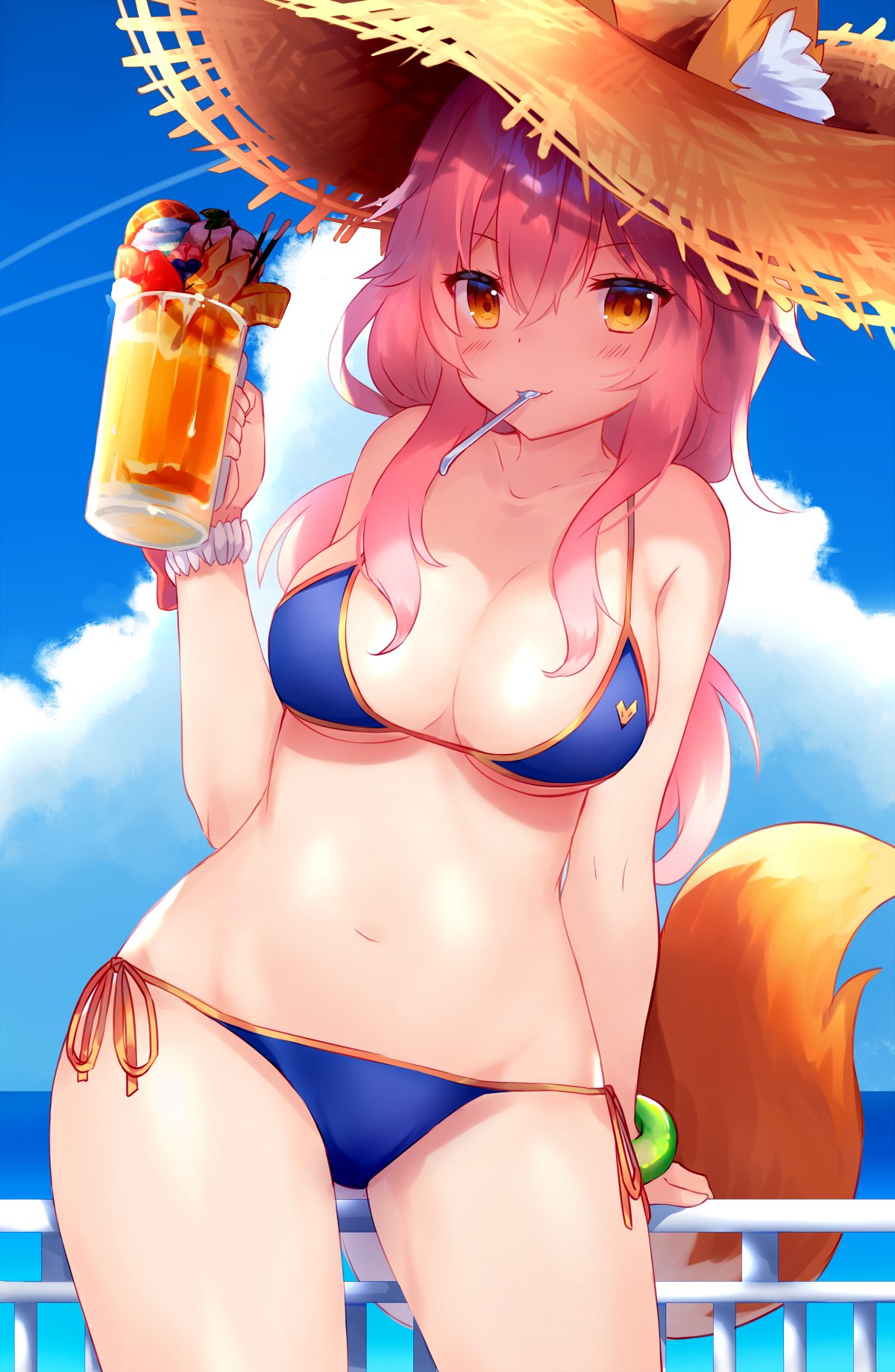 1girl animal_ears bikini blue_bikini breasts cleavage commentary fate/grand_order fate_(series) fox_ears fox_tail hat highres large_breasts parfait pink_hair shouu-kun spoon_in_mouth straw_hat swimsuit tail tamamo_(fate)_(all) tamamo_no_mae_(swimsuit_lancer)_(fate) wide_hips yellow_eyes
