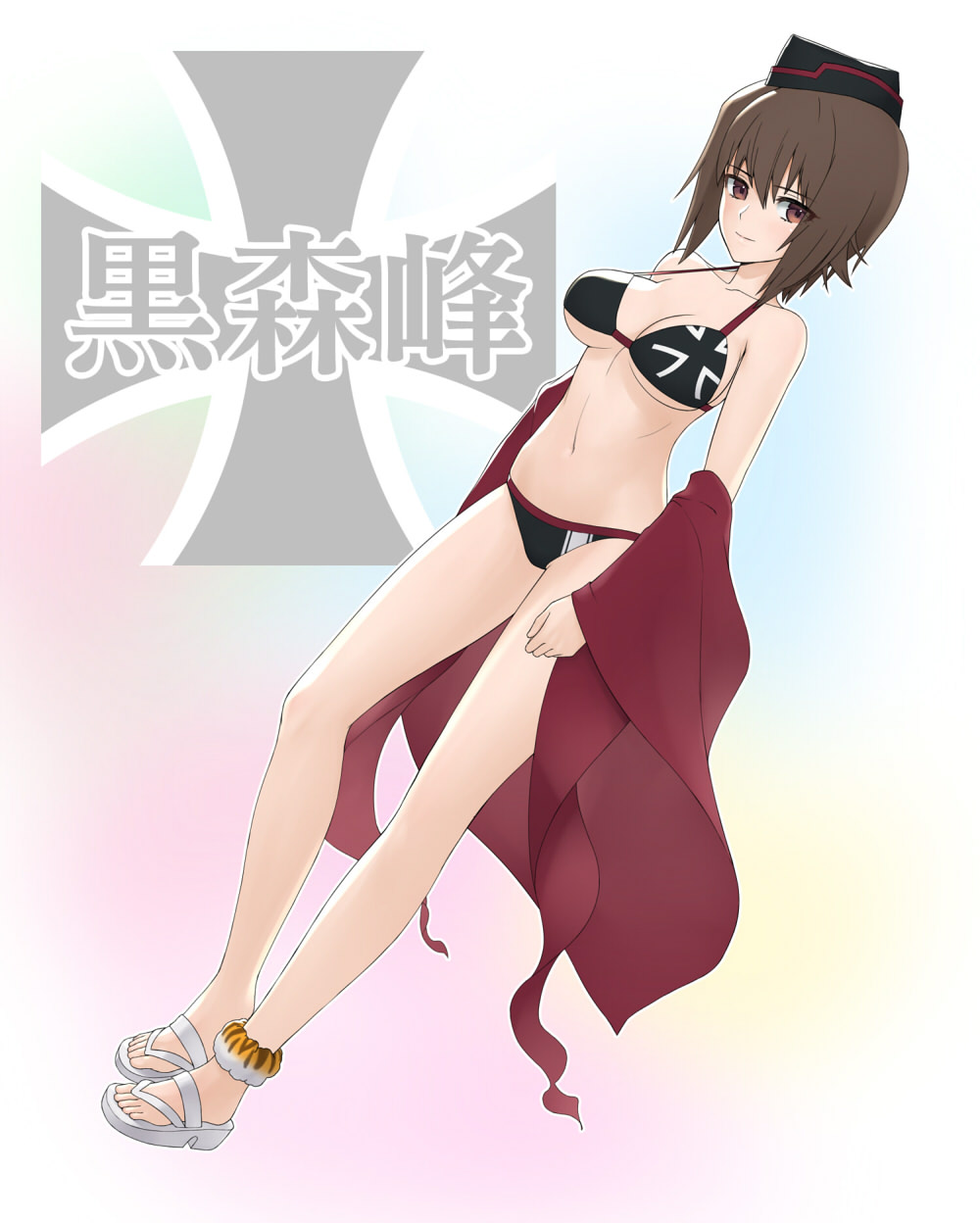 1girl anklet bangs bikini black_bikini black_hat brown_eyes brown_hair closed_mouth dutch_angle emblem eyebrows_visible_through_hair full_body garrison_cap girls_und_panzer hat highres holding holding_towel iron_cross jewelry kanji kuromorimine_(emblem) kuromorimine_military_uniform light_smile looking_at_viewer nishizumi_maho print_bikini red_towel sandals short_hair solo standing swimsuit towel wata_do_chinkuru white_footwear