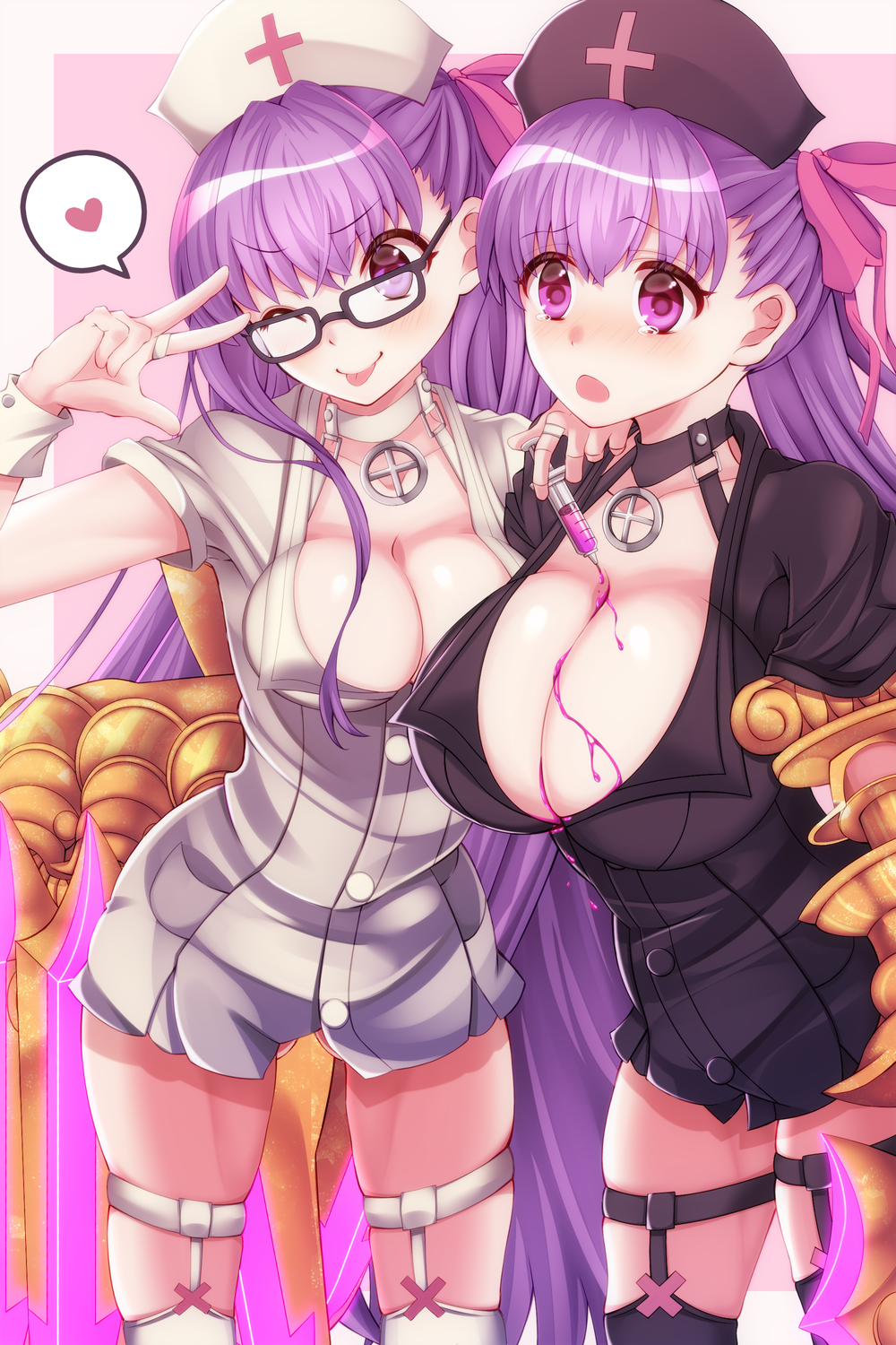 2girls bb_(fate/extra_ccc) bb_shot! black_legwear blush bow breasts cleavage eyebrows_visible_through_hair fate/extra fate/extra_ccc fate/grand_order fate_(series) glasses hair_between_eyes hair_bow hat highres huge_breasts long_hair looking_at_viewer multiple_girls navel nurse nurse_cap passion_lip purple_hair short_sleeves smile syringe thigh-highs tongue tongue_out v very_long_hair violet_eyes white_legwear wrist_cuffs