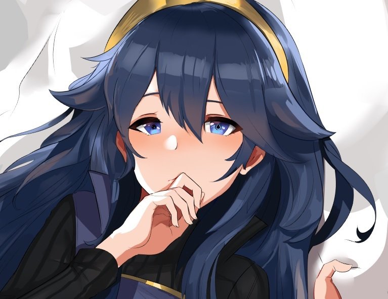 1girl bangs bed_sheet blue_eyes blue_hair face fire_emblem fire_emblem:_kakusei fire_emblem_heroes hair_between_eyes hair_ornament hairband hand_to_own_mouth long_hair long_sleeves looking_at_viewer lucina ormille ribbed_sweater solo sweater