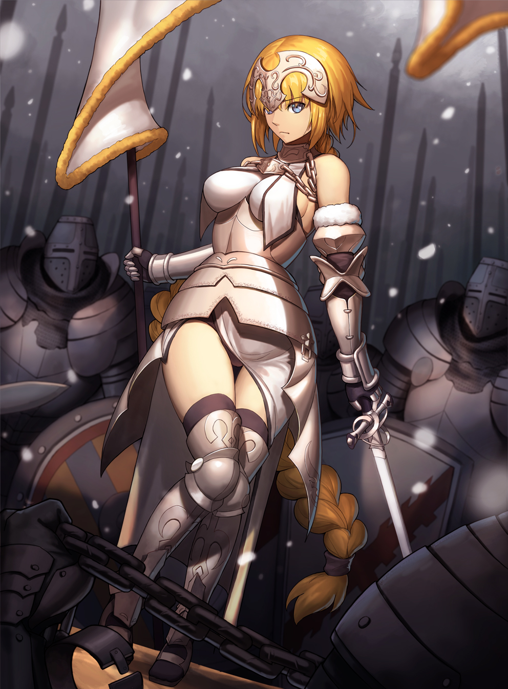 1girl armor army bare_shoulders black_gloves black_legwear blonde_hair blue_eyes braid breasts chains elbow_gloves fate/apocrypha fate_(series) flag full_body gauntlets gloves greaves helmet highres holding holding_sword holding_weapon jeanne_d'arc_(fate) jeanne_d'arc_(fate)_(all) long_hair looking_at_viewer revision solo_focus sword thigh-highs tsuki_suigetsu very_long_hair weapon