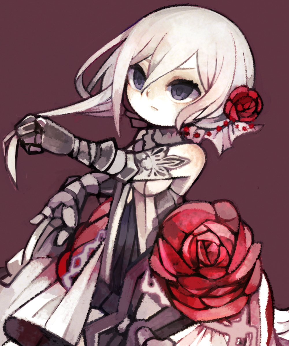 1girl asymmetrical_hair bangs bare_shoulders closed_mouth empty_eyes eyebrows flower frown gauntlets hair_between_eyes hair_flower hair_ornament highres holding holding_hair long_hair pale_skin purple_background red_flower red_rose rose sinoalice sleeveless snow_white_(sinoalice) solo straight_hair v-shaped_eyebrows violet_eyes white_hair yukino_super