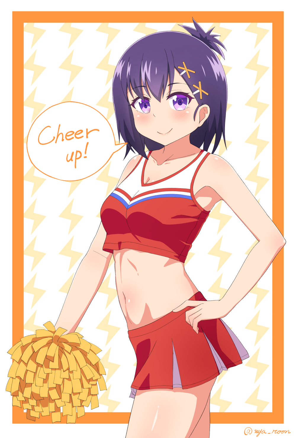 1girl bangs bare_shoulders cheerleader collarbone crop_top english eyebrows_visible_through_hair gabriel_dropout hair_ornament hairclip hand_on_hip highres midriff miniskirt navel nyaroon pleated_skirt pom_poms purple_hair short_hair skirt smile solo speech_bubble stomach tank_top topknot tsukinose_vignette_april violet_eyes x_hair_ornament