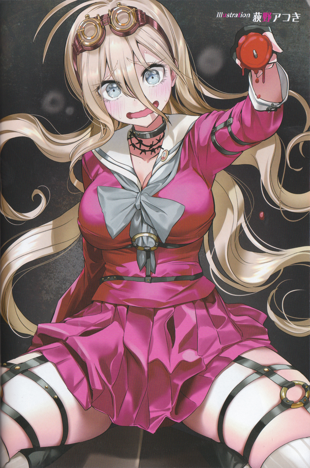 1girl barbed_wire blonde_hair blue_eyes blush breasts candle candle_wax choker cleavage collarbone dangan_ronpa fingerless_gloves gloves goggles goggles_on_head hair_between_eyes highres iruma_miu large_breasts long_hair long_sleeves looking_at_viewer neckerchief new_dangan_ronpa_v3 o-ring o-ring_top ogino_atsuki open_mouth pleated_skirt scan school_uniform seiza serafuku sitting skirt solo sweat upper_body very_long_hair wavy_mouth