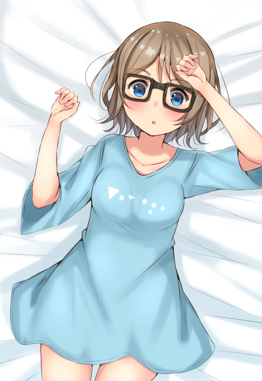 1girl blue_eyes breasts camisole glasses grey_hair highres love_live! love_live!_sunshine!! lying medium_breasts mtr_333 on_bed open_mouth short_hair short_sleeves solo watanabe_you