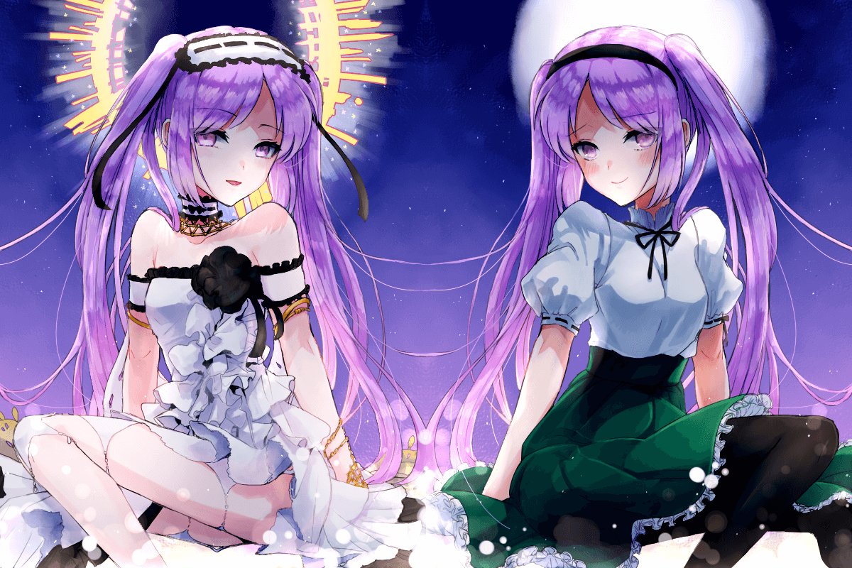 2girls bare_shoulders black_ribbon blush choker commentary dress dual_persona fate/grand_order fate_(series) frilled_skirt frills full_moon green_skirt hairband halo lolita_hairband long_hair looking_at_viewer moon multiple_girls nekoyamiyako open_mouth puffy_short_sleeves puffy_sleeves purple_hair ribbon shirt short_sleeves sitting skirt smile stheno strapless strapless_dress symmetry twintails very_long_hair violet_eyes white_dress white_shirt