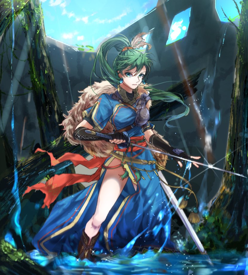 1girl blue_dress breasts brown_footwear clouds collar dress earrings elbow_gloves fingerless_gloves fire_emblem fire_emblem:_rekka_no_ken fire_emblem_heroes fur fur_trim gloves green_eyes green_hair hair_tie haru_hikoya high_ponytail holding holding_sword holding_weapon hole in_water jewelry legs light_rays long_hair lyndis_(fire_emblem) medium_breasts moss outdoors pelvic_curtain plant ponytail ruins sash side_slit sky sunbeam sunlight sword thighs tied_hair tree vines water weapon wood