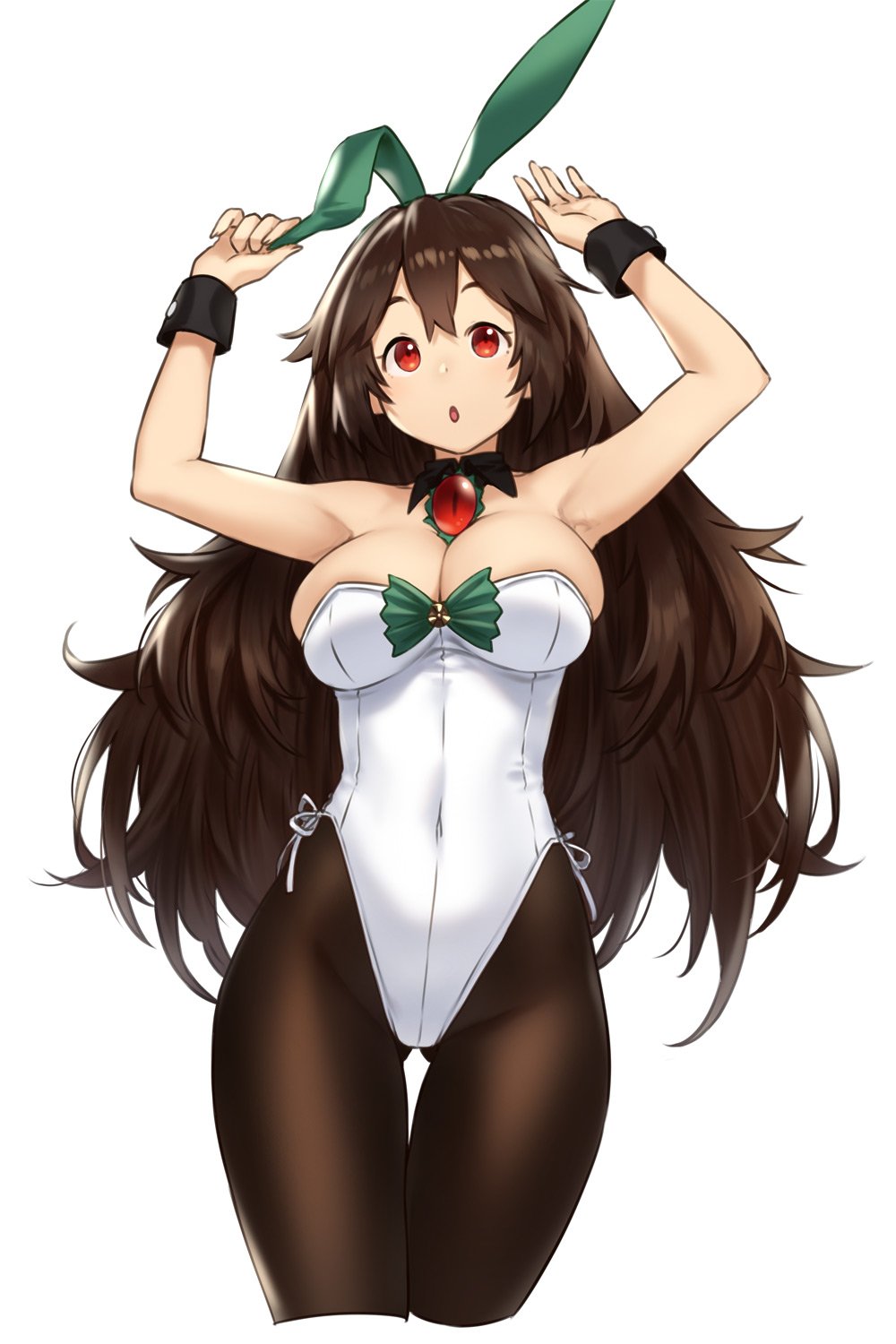 1girl armpits arms_up ass_visible_through_thighs bare_shoulders breasts brooch brown_hair brown_legwear cleavage covered_navel cowboy_shot detached_collar hairband highres houtengeki jewelry large_breasts leotard long_hair pantyhose red_eyes reiuji_utsuho side-tie_leotard simple_background solo thigh_gap touhou very_long_hair white_background wrist_cuffs