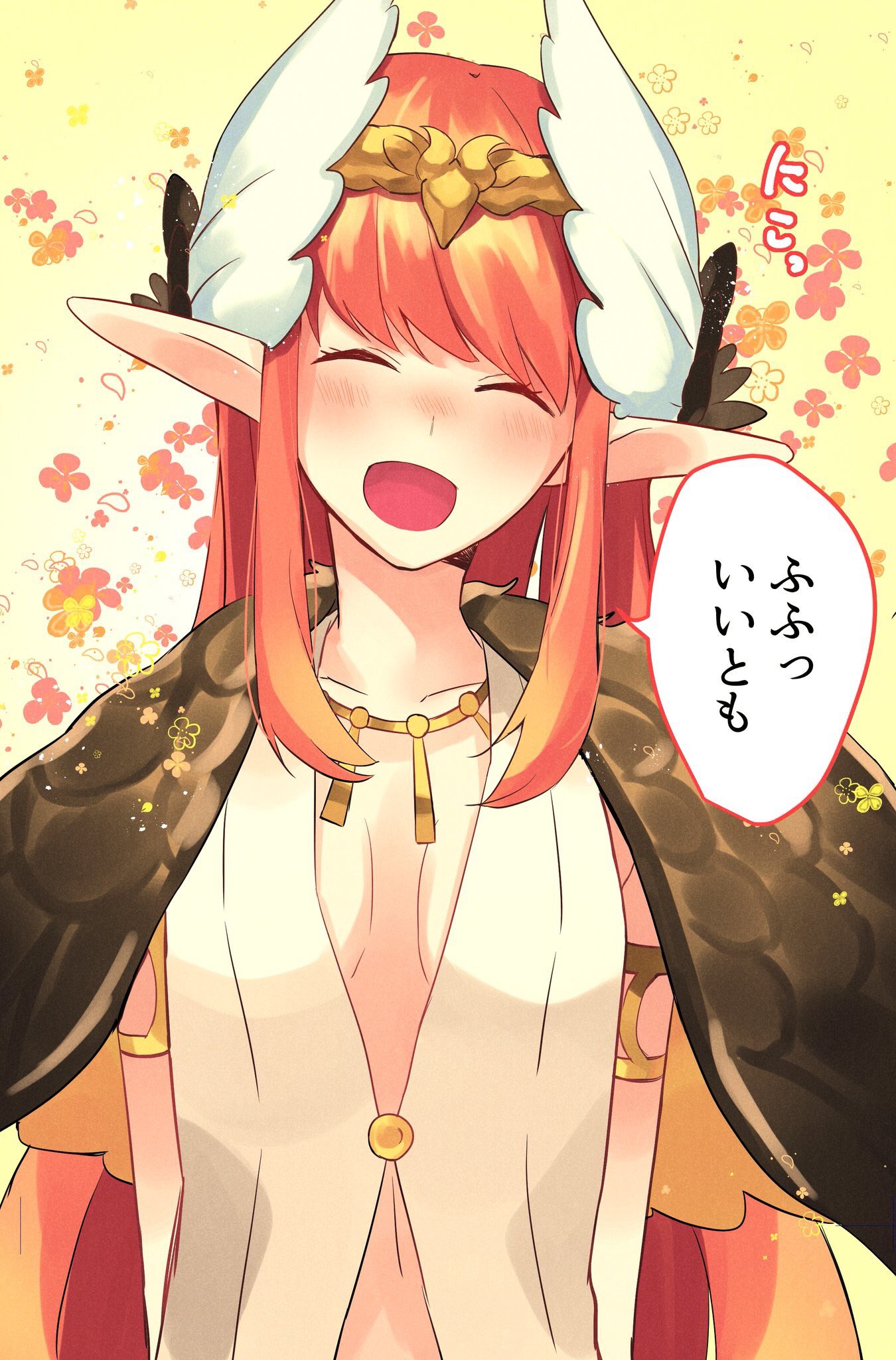 1girl :d blush breasts circe_(fate/grand_order) circlet commentary_request embarrassed fate/grand_order fate_(series) head_wings highres jewelry long_pointy_ears necklace nyokichi_(nyokitto!) open_mouth pointy_ears robe small_breasts smile solo translation_request upper_body wings