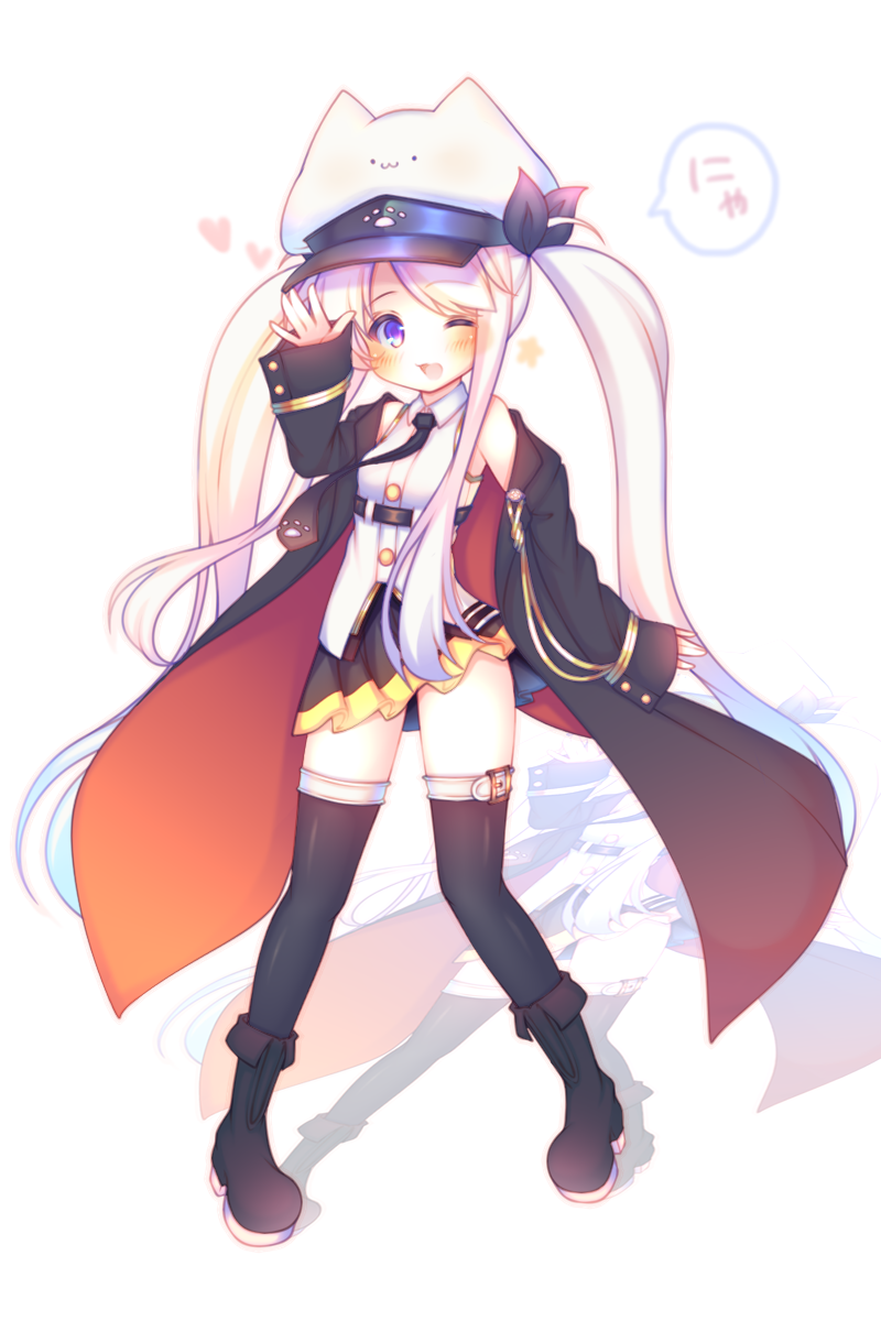 ._. 1girl :3 ;d animal_ears animal_hat azur_lane bangs bare_shoulders black_footwear black_jacket black_legwear black_ribbon black_skirt blush boots cat_ears cat_hat closed_mouth commentary_request enterprise_(azur_lane) eyebrows_visible_through_hair hair_ribbon hat heart highres jacket long_hair long_sleeves off_shoulder one_eye_closed open_mouth pleated_skirt ribbon sakurato_ototo_shizuku shirt sidelocks silver_hair skirt sleeveless sleeveless_shirt sleeves_past_wrists smile solo standing thigh-highs translated twintails very_long_hair violet_eyes white_background white_shirt