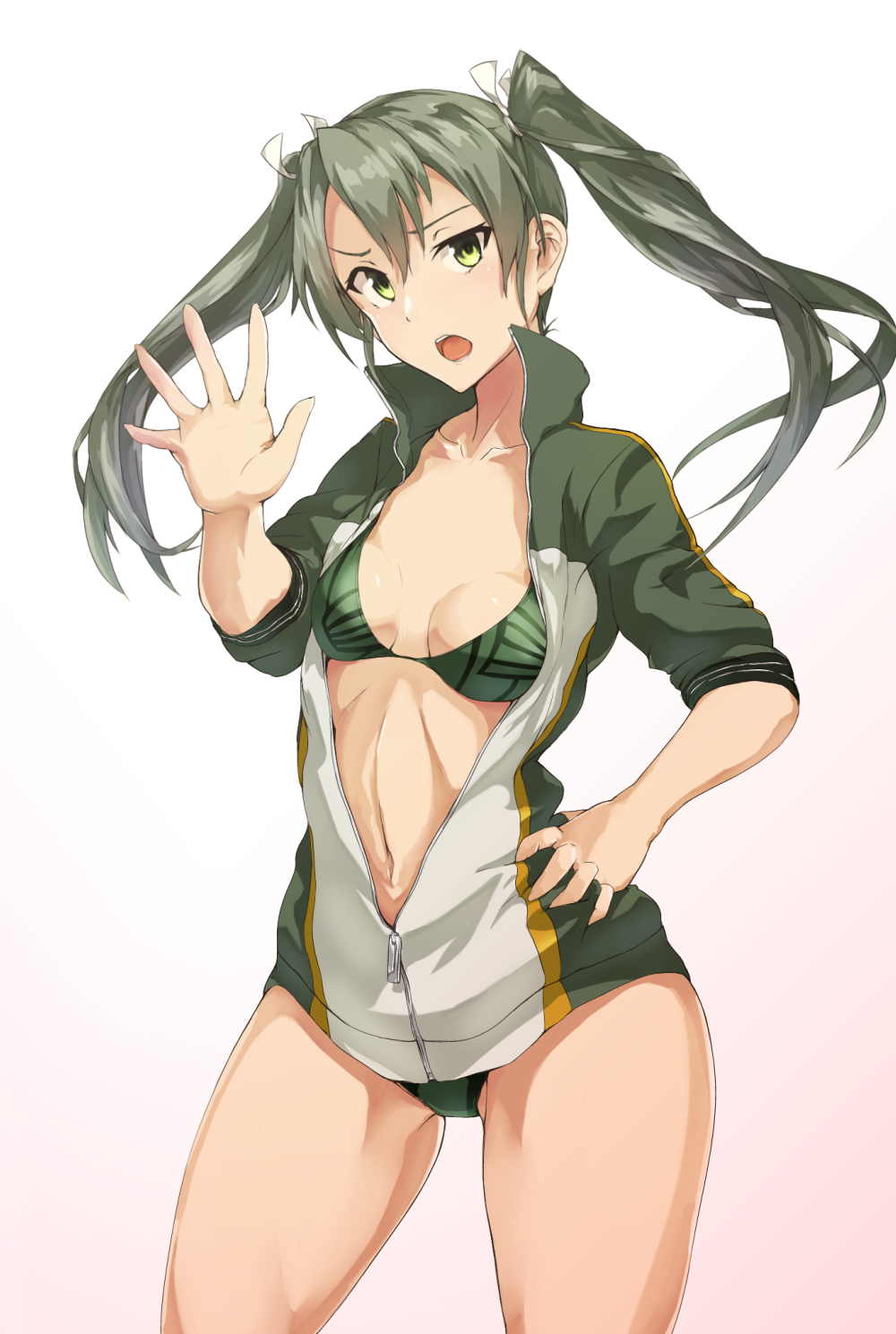 1girl bikini bikini_under_clothes cowboy_shot green_eyes green_hair hand_on_hip highres kantai_collection long_hair looking_at_viewer navel open_mouth simple_background solo standing stomach swimsuit swimsuit_under_clothes tsukira_(amayadori) twintails white_background zuikaku_(kantai_collection)