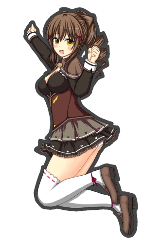 1girl :d arms_up blush bow breasts brown_bow brown_footwear brown_hair brown_skirt cleavage clenched_hand drill_hair flower_knight_girl full_body hair_bow holly_(flower_knight_girl) jumping looking_at_viewer lowres medium_breasts mun_(gunma) open_mouth pleated_skirt skirt smile solo thigh-highs white_legwear
