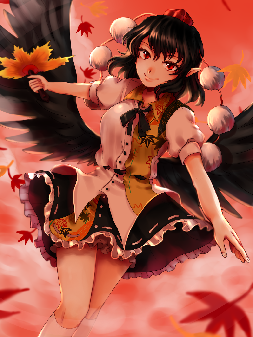 1girl autumn_leaves black_hair black_neckwear black_wings bloomers collared_shirt cowboy_shot frilled_skirt frills hat hauchiwa highres kuya_(hey36253625) leaf looking_at_viewer pointy_ears pom_pom_(clothes) puffy_short_sleeves puffy_sleeves red_eyes red_hat shameimaru_aya shirt short_sleeves skirt smile socks solo tokin_hat touhou underwear white_legwear wings