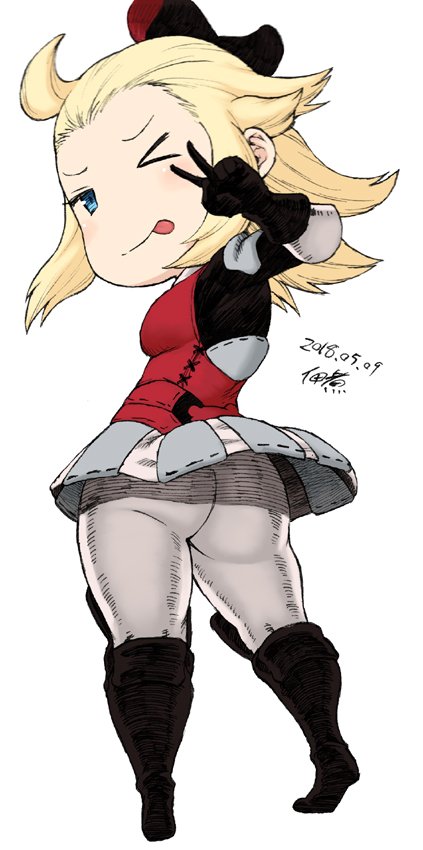 1girl ahoge ass blonde_hair blue_eyes boots bow bravely_default:_flying_fairy bravely_default_(series) edea_lee from_behind gloves hair_bow looking_at_viewer one_eye_closed pants skirt solo tsukudani_(coke-buta) upskirt v white_legwear