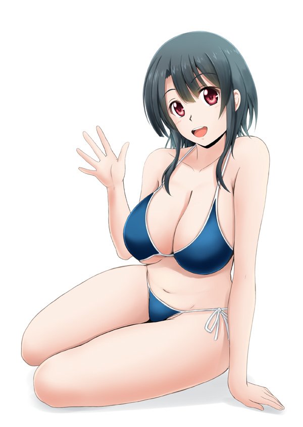 1girl bikini black_hair blue_bikini breasts cleavage full_body fuuma_nagi kantai_collection large_breasts open_mouth red_eyes short_hair side-tie_bikini simple_background sitting solo swimsuit takao_(kantai_collection) waving white_background yokozuwari