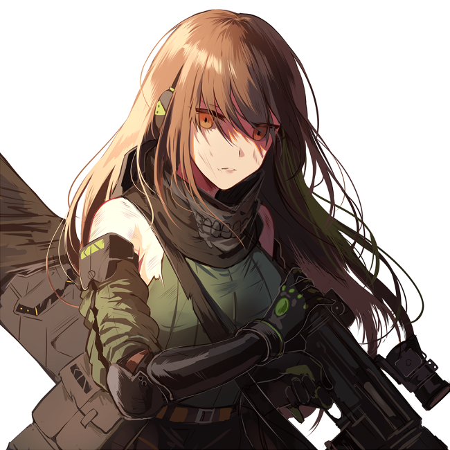 1girl arm_strap armor armpits assault_rifle asymmetrical_legwear bandanna bangs brown_eyes brown_hair case closed_mouth clothes_around_waist collarbone detached_sleeves digi-mind_update_(girls_frontline) elbow_pads eyebrows_visible_through_hair eyes_visible_through_hair floating_hair gauntlets girls_frontline gloves gun hair_between_eyes hand_in_hair headset holding holding_gun holding_weapon jacket_around_waist long_hair m4_carbine m4a1_(girls_frontline) magazine_(weapon) multicolored_hair pouch ribbed_legwear ribbed_sweater rifle scope sidelocks silence_girl simple_background skindentation solo strap streaked_hair sweater sweater_vest thigh_strap thighs torn_clothes weapon weapon_case white_background wind wind_lift