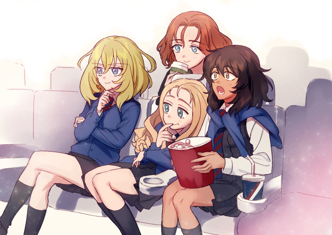 4girls :t andou_(girls_und_panzer) arm_grab azumi_(girls_und_panzer) bangs bc_freedom_school_uniform black_hair black_jacket black_legwear black_skirt black_vest blonde_hair blue_eyes blue_neckwear blue_sweater brown_eyes brown_hair cardigan commentary cup dark_skin diagonal_stripes disposable_cup dress_shirt drill_hair drinking drinking_straw eyebrows_visible_through_hair food girls_und_panzer green_eyes hand_on_own_chin holding indoors jacket kneehighs long_hair long_sleeves looking_to_the_side marie_(girls_und_panzer) medium_hair messy_hair miniskirt movie_theater multiple_girls necktie open_mouth oshida_(girls_und_panzer) parted_bangs pleated_skirt popcorn red_neckwear school_uniform seat selection_university_military_uniform shirt shutou_mq sitting skirt smile striped striped_neckwear surprised sweater sweater_around_neck vest white_shirt wing_collar