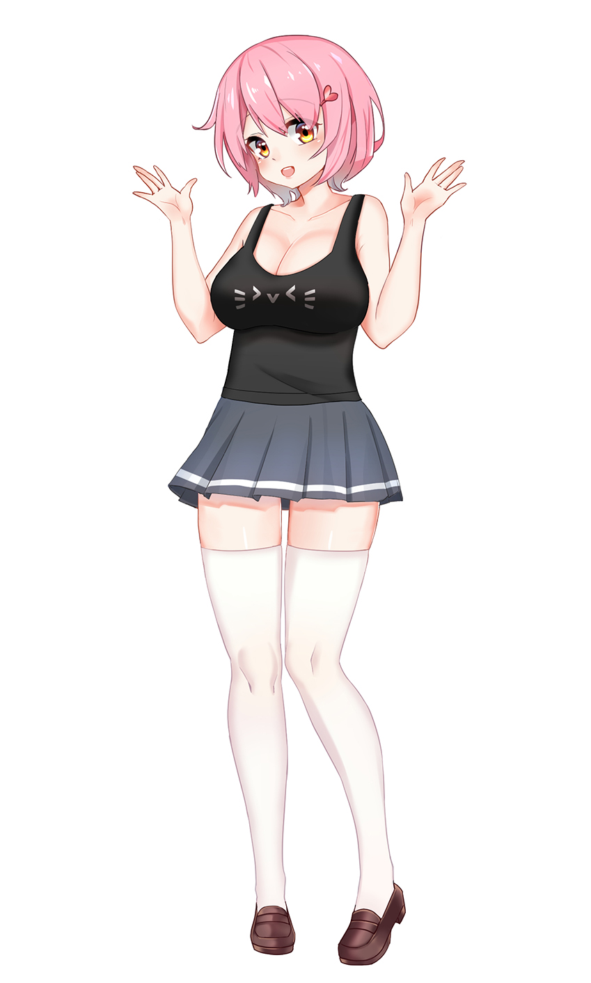 1girl :d bangs black_tank_top blush breasts brown_eyes brown_footwear cleavage eyebrows_visible_through_hair full_body grey_skirt hair_between_eyes hair_ornament hairclip hands_up head_tilt heart heart_hair_ornament highres large_breasts leng_xiao loafers looking_at_viewer open_mouth original pink_hair pleated_skirt shoes short_hair simple_background skirt smile solo standing tank_top thigh-highs upper_teeth white_background white_legwear