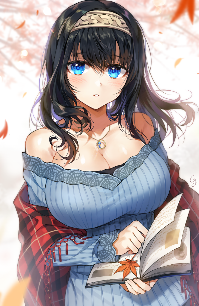 1girl bangs bare_shoulders black_hair blue_eyes blue_sweater book breasts collarbone eyebrows_visible_through_hair gijang hair_between_eyes hairband idolmaster idolmaster_cinderella_girls jewelry large_breasts leaf long_hair looking_at_viewer necklace off-shoulder_sweater open_book parted_lips pendant plaid ribbed_sweater sagisawa_fumika shawl solo sweater