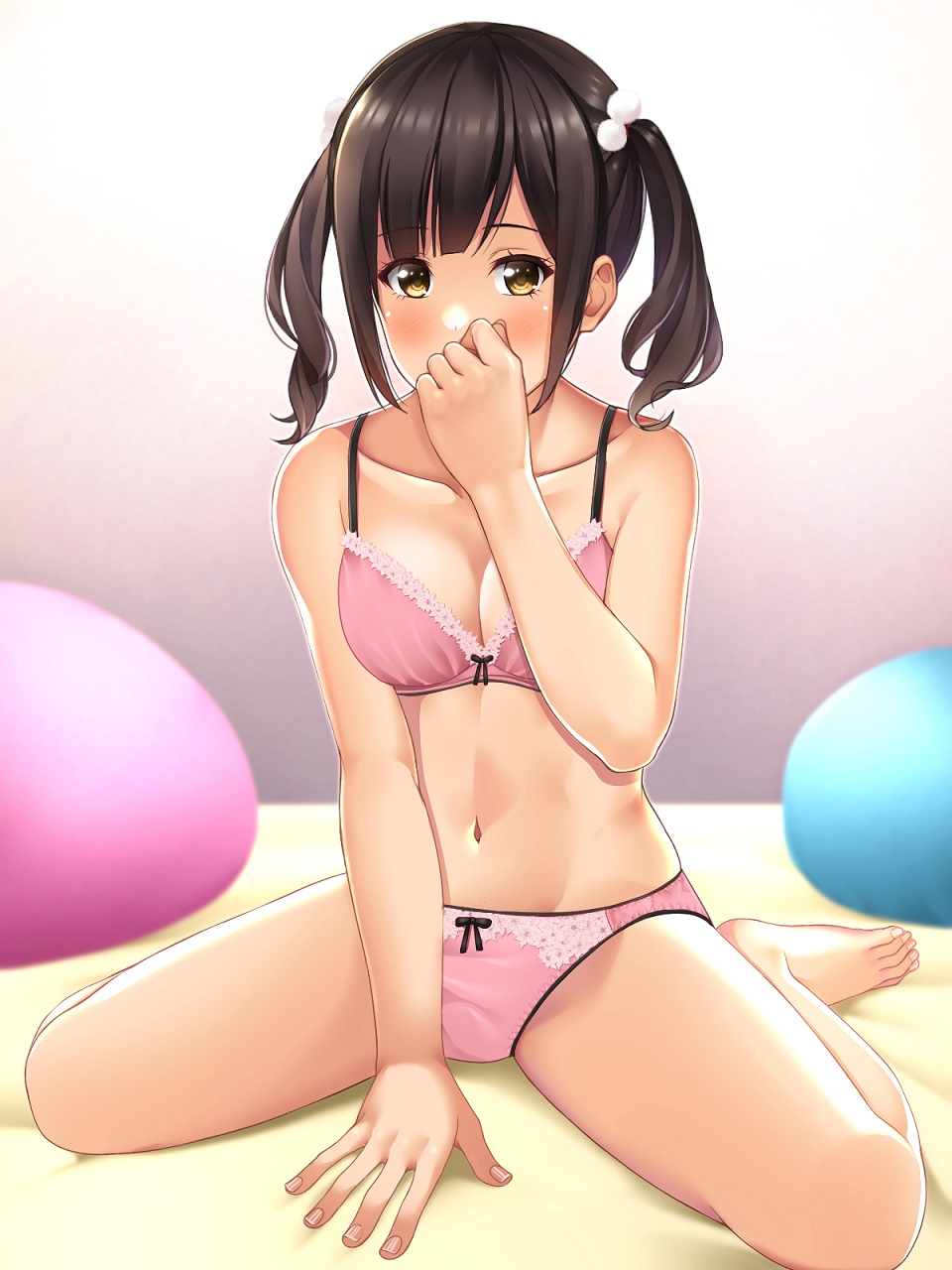 1girl bangs barefoot black_hair blush bow bow_bra bow_panties bra breasts brown_eyes cleavage collarbone commentary_request covering_mouth cushion gradient gradient_background highres long_hair looking_at_viewer medium_breasts navel original panties pink_bra pink_panties sitting solo takocha twintails underwear underwear_only wariza