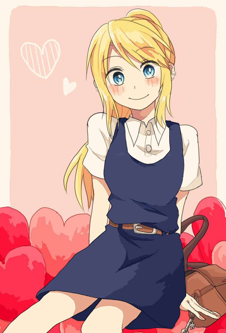 1girl bag belt blonde_hair blue_dress blue_eyes blush dress earrings eyebrows_visible_through_hair fingernails fullmetal_alchemist handbag happy heart jewelry long_hair looking_at_viewer nail_polish pink_background pink_nails ponytail shirt simple_background sitting smile solo_focus upper_body white_shirt winry_rockbell