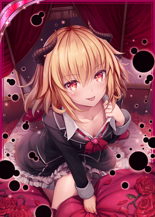 1girl akkijin bed blonde_hair breasts card_(medium) curtains darkness demon_girl demon_horns flower horns looking_at_viewer official_art on_bed orb red_eyes red_flower red_rose rose shinkai_no_valkyrie small_breasts solo tongue tongue_out uniform