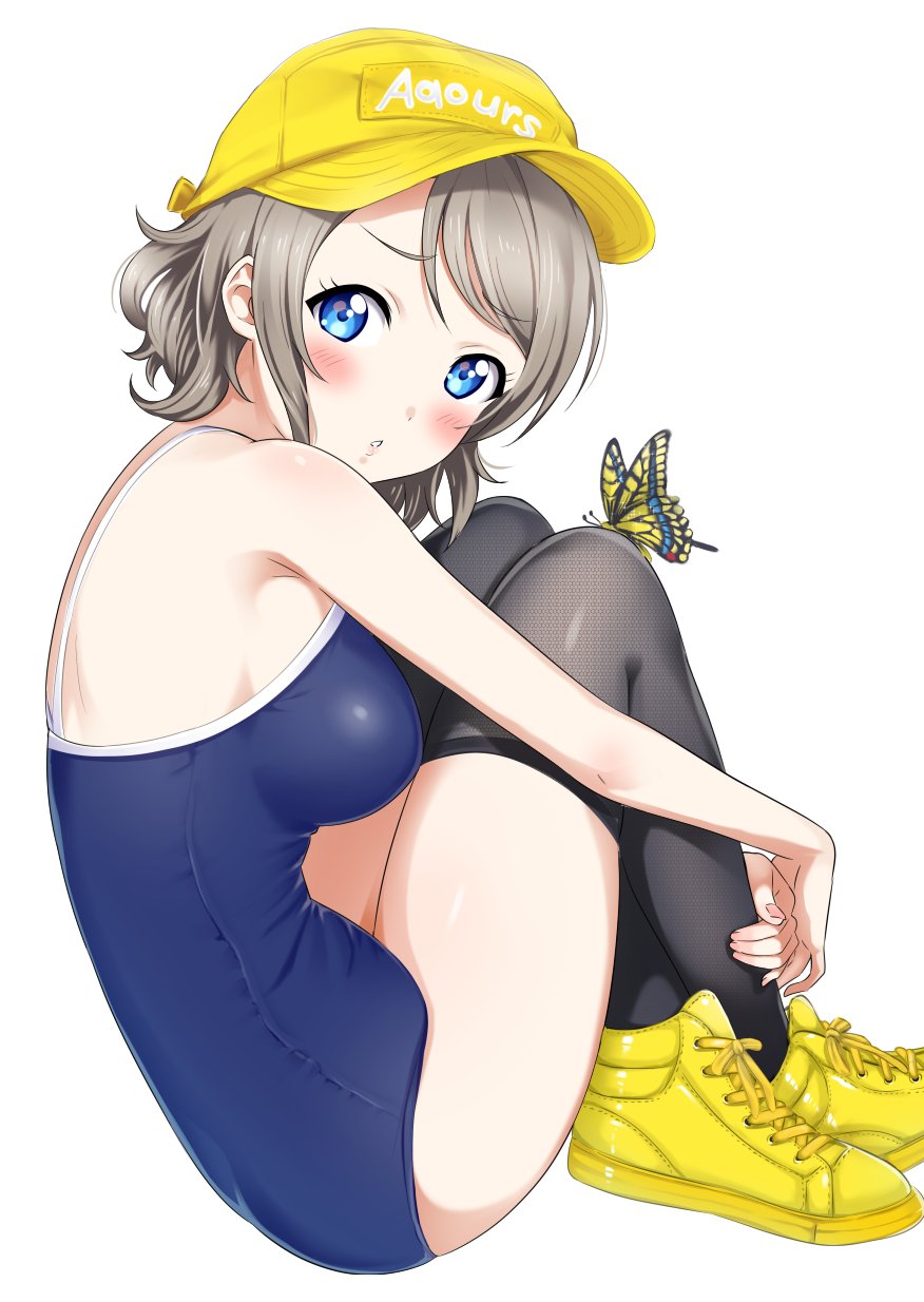 1girl bangs blue_eyes blush breasts bug butterfly cap eyebrows_visible_through_hair hair_between_eyes hat highres insect knee_up legs_crossed legs_together love_live! love_live!_sunshine!! medium_breasts one-piece_swimsuit rozen5 shoes short_hair simple_background sneakers solo swimsuit thigh-highs watanabe_you white_background yellow_footwear
