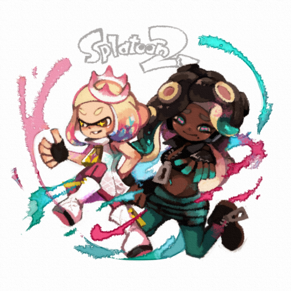 +_+ 2girls ankle_boots aqua_eyes aqua_hair aqua_legwear aqua_skin black_footwear black_gloves black_hair black_shirt black_shorts blonde_hair boots breasts brown_eyes closed_mouth copyright_name crop_top dark_skin dress eyebrows fingerless_gloves gloves gradient_hair hime_(splatoon) horizontal_pupils iida_(splatoon) legs_apart long_hair medium_breasts mole mole_under_mouth multicolored multicolored_hair multicolored_skin multiple_girls navel navel_piercing octarian pantyhose pantyhose_under_shorts piercing pink_hair pink_legwear pink_pupils popped_collar shirt short_hair shorts sleeveless sleeveless_dress smile splatoon splatoon_2 suction_cups symbol-shaped_pupils tentacle_hair two-tone_hair two-tone_skin unzipped v-shaped_eyebrows white_dress white_footwear yellow_pupils yukino_super zipper zipper_pull_tab