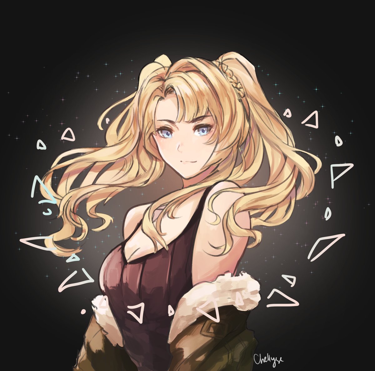 1girl blonde_hair blue_eyes chellyse dark_background granblue_fantasy image_sample looking_at_viewer twitter_sample zeta_(granblue_fantasy)