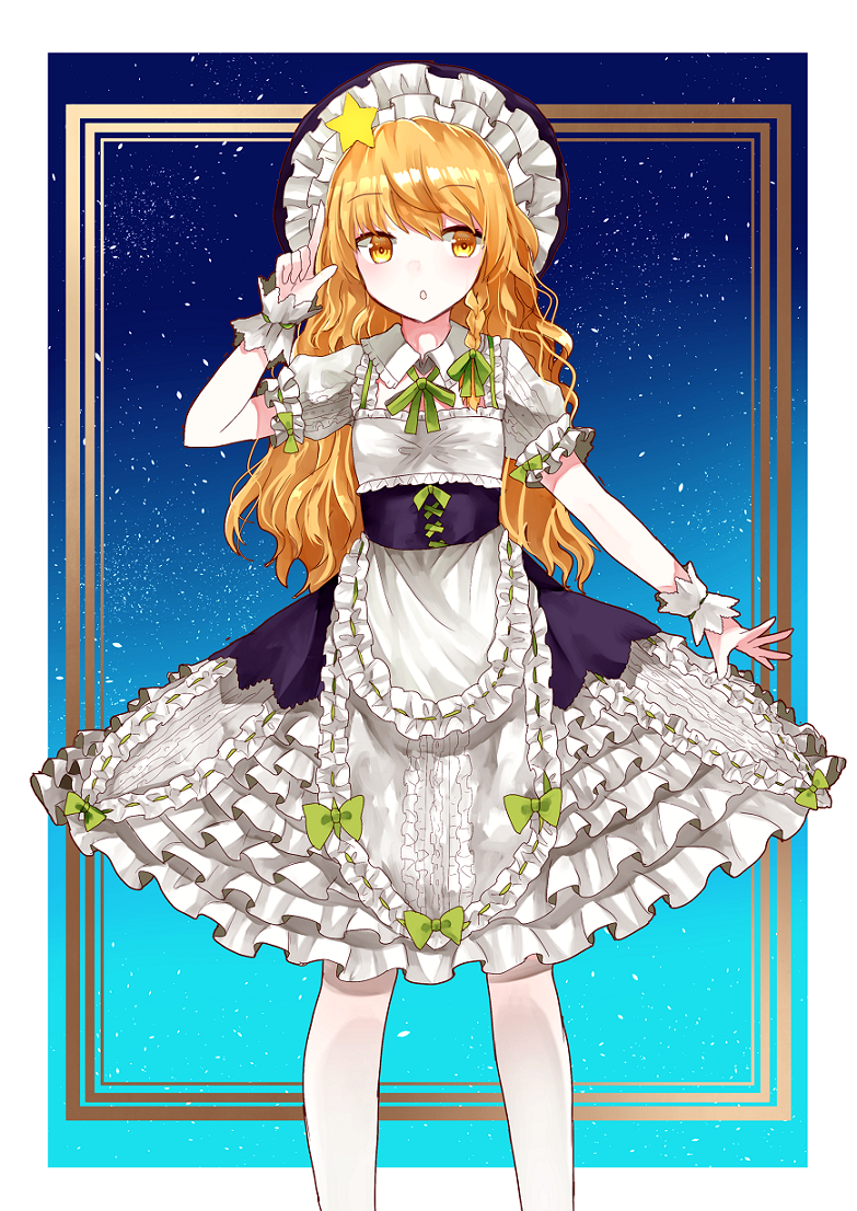 1girl apron black_hat blonde_hair bow braid dress eyebrows_visible_through_hair facing_viewer frilled_apron frilled_dress frills gradient gradient_background green_bow green_ribbon hair_bow hair_ribbon hat kirisame_marisa layered_dress legs_apart long_hair looking_to_the_side night night_sky outstretched_arm parted_lips puffy_short_sleeves puffy_sleeves ribbon sakipsakip short_sleeves side_braid sky solo spread_fingers touhou tress_ribbon waist_apron wavy_hair wing_collar wrist_cuffs yellow_eyes