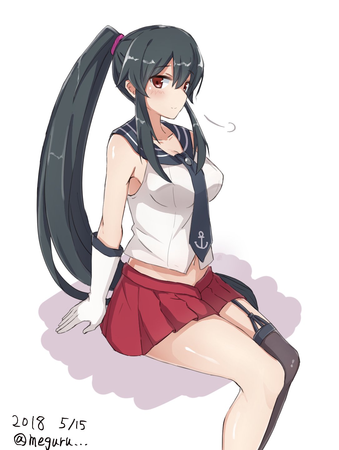 1girl anchor anchor_symbol black_hair black_legwear blush breasts eyebrows_visible_through_hair gloves hair_between_eyes highres kantai_collection long_hair looking_at_viewer medium_breasts meguru_(megurunn) miniskirt neckerchief ponytail red_eyes red_skirt school_uniform serafuku simple_background skirt solo thigh-highs twitter_username vest white_background white_gloves white_vest yahagi_(kantai_collection)