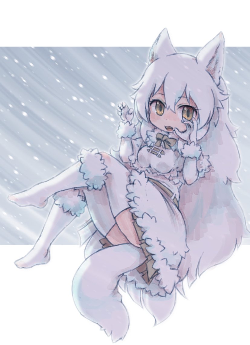 1girl animal_ears arctic_fox_(kemono_friends) belt bow bowtie breasts brown_belt brown_bow brown_neckwear brown_skirt elbow_gloves eyebrows eyebrows_visible_through_hair eyelashes fangs fox_ears fox_girl fox_tail fur_collar gloves hands_up kemono_friends kolshica long_hair looking_at_viewer medium_breasts miniskirt open_mouth pleated_skirt skirt snow solo tail thigh-highs tongue very_long_hair white white_gloves white_hair white_legwear yellow_eyes zettai_ryouiki