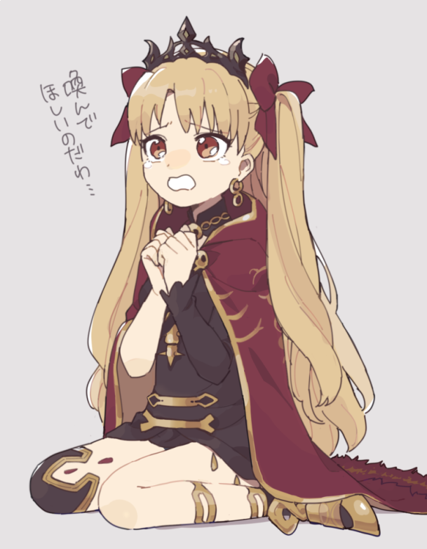 1girl asymmetrical_legwear asymmetrical_sleeves bangs black_dress blonde_hair cape clenched_hands commentary_request crown dress earrings ereshkigal_(fate/grand_order) fate/grand_order fate_(series) frown full_body gomi_(kaiwaresan44) greaves hands_together infinity jewelry long_hair looking_to_the_side open_mouth praying red_cape red_eyes red_ribbon ribbon short_dress simple_background single_sleeve single_thighhigh sitting solo thigh-highs translation_request two_side_up wariza wavy_mouth