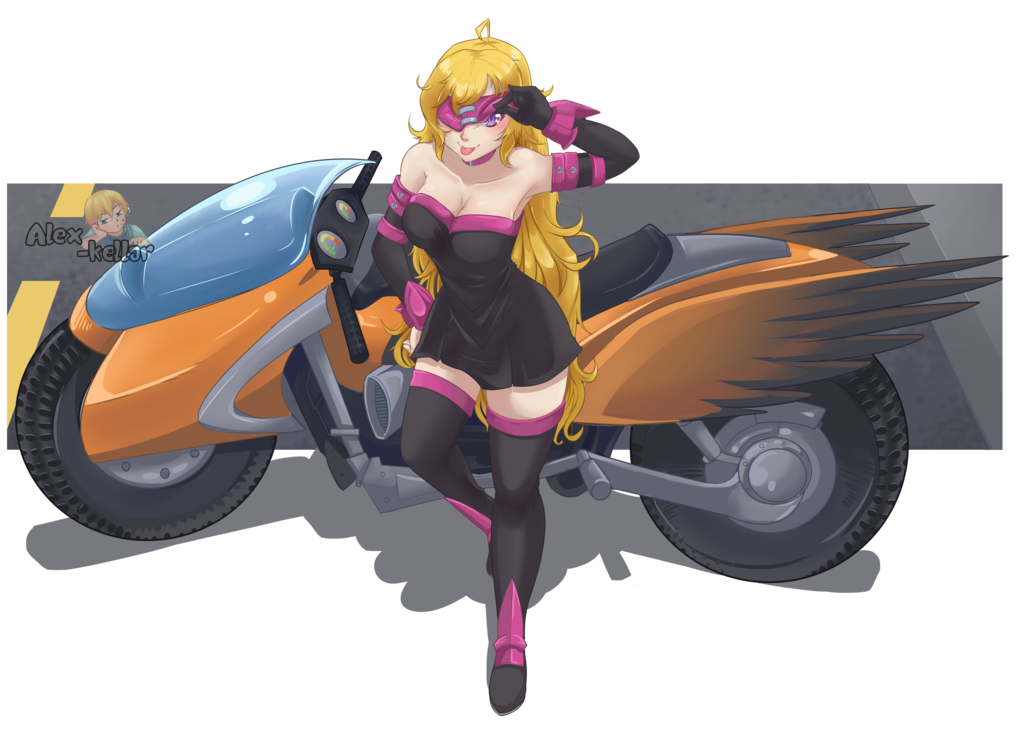 1girl blonde_hair blush breasts bumblebee_(rwby) cleavage cosplay dress elbow_gloves fate/stay_night fate_(series) gloves ground_vehicle long_hair looking_at_viewer motor_vehicle motorcycle rider rider_(cosplay) rwby smile solo strapless strapless_dress thigh-highs tongue tongue_out violet_eyes yang_xiao_long