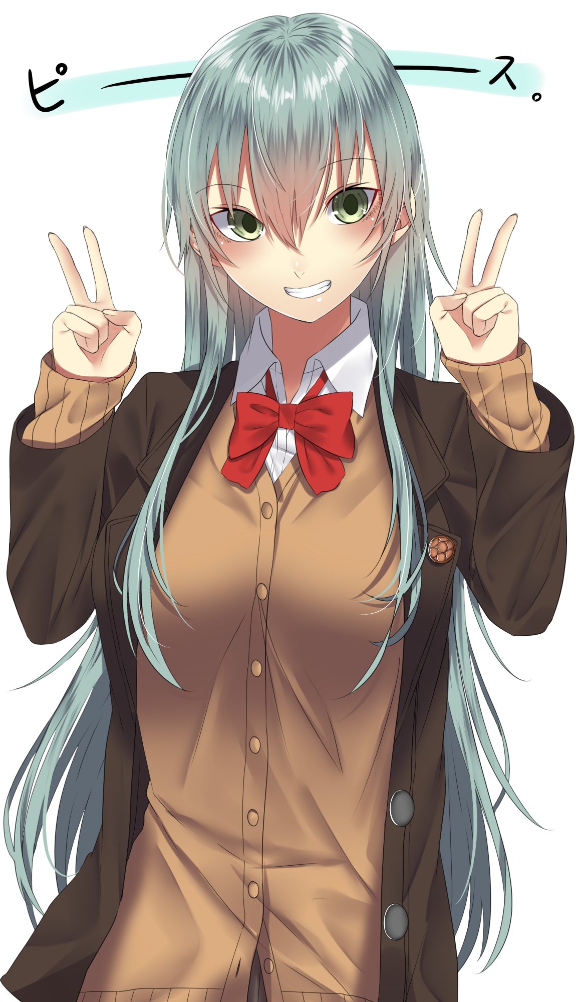 1girl aqua_hair blush bow bowtie breasts brown_blazer brown_jacket buttons collared_shirt double_v green_eyes grin hair_between_eyes highres jacket kantai_collection large_breasts long_hair long_sleeves looking_at_viewer onineko-chan open_clothes open_jacket red_neckwear remodel_(kantai_collection) school_uniform shirt simple_background smile solo straight_hair suzuya_(kantai_collection) upper_body v white_background white_shirt