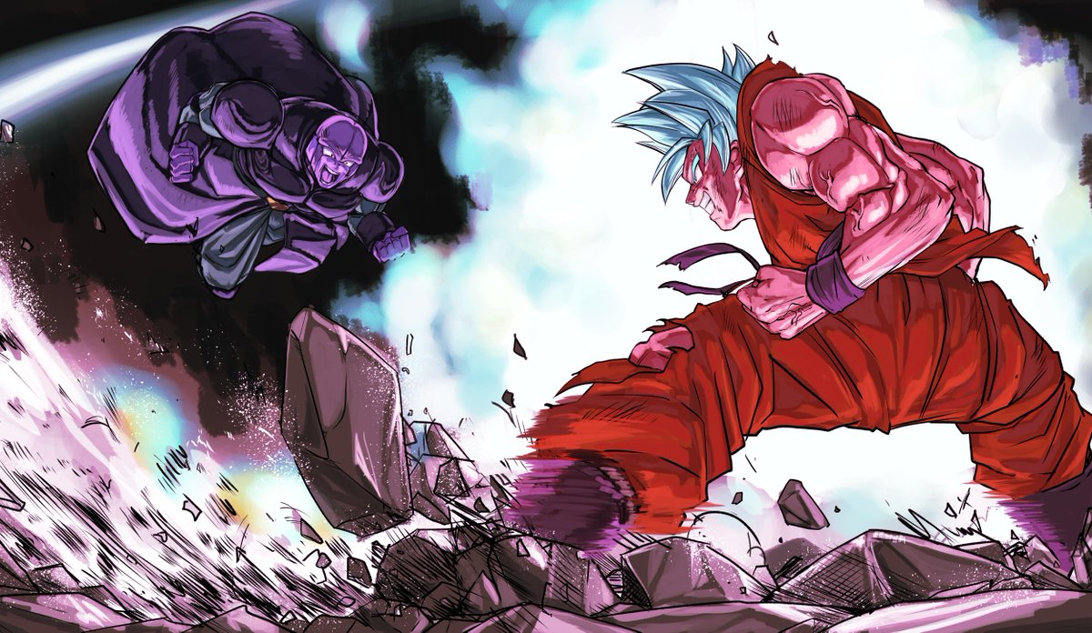 2boys aura blue_eyes blue_hair blurry boots clenched_hands commentary_request dirty dougi dragon_ball dragon_ball_super dragonball_z fighting_stance flying hit_(dragon_ball) image_sample looking_at_another male_focus multiple_boys open_mouth profile rock serious short_hair sleeveless smile son_gokuu spiky_hair standing super_saiyan_blue twitter_sample wristband