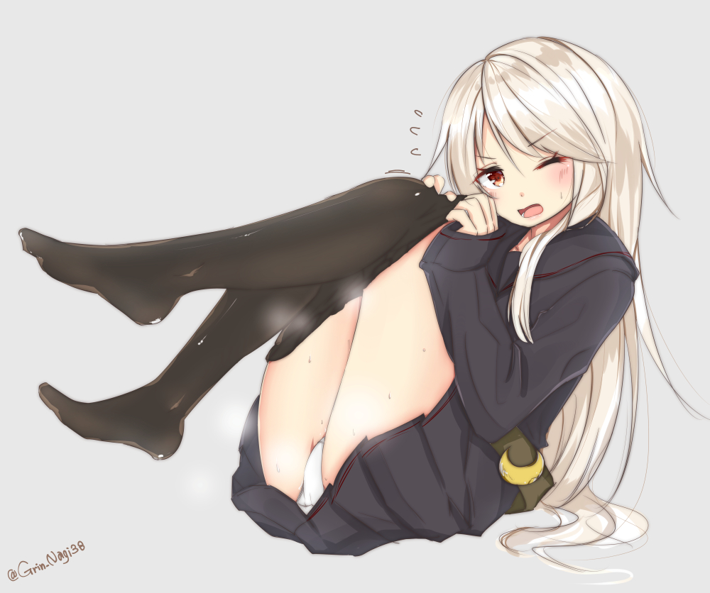 1girl adjusting_clothes adjusting_legwear black_legwear black_serafuku crescent crescent_moon_pin grey_background hot kantai_collection kikuzuki_(kantai_collection) long_hair long_sleeves nagi_(shunsuke-manage) one_eye_closed open_mouth panties pantyhose red_eyes school_uniform serafuku sitting solo twitter_username underwear white_hair white_panties