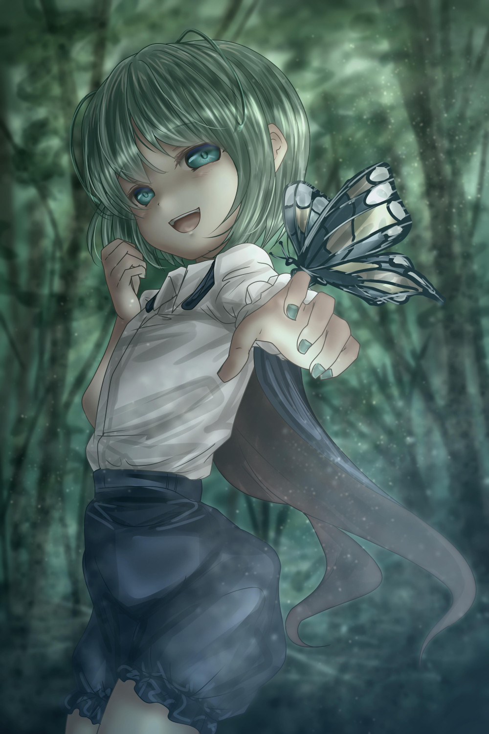 1girl :d antennae arm_up bug butterfly butterfly_on_hand cape curled_fingers flat_chest forest green_eyes green_hair green_nails head_tilt highres insect light_particles long_sleeves looking_at_viewer nail_polish nature open_mouth outdoors outstretched_hand shirt short_hair shorts shounen_(hogehoge) smile solo touhou white_shirt wriggle_nightbug