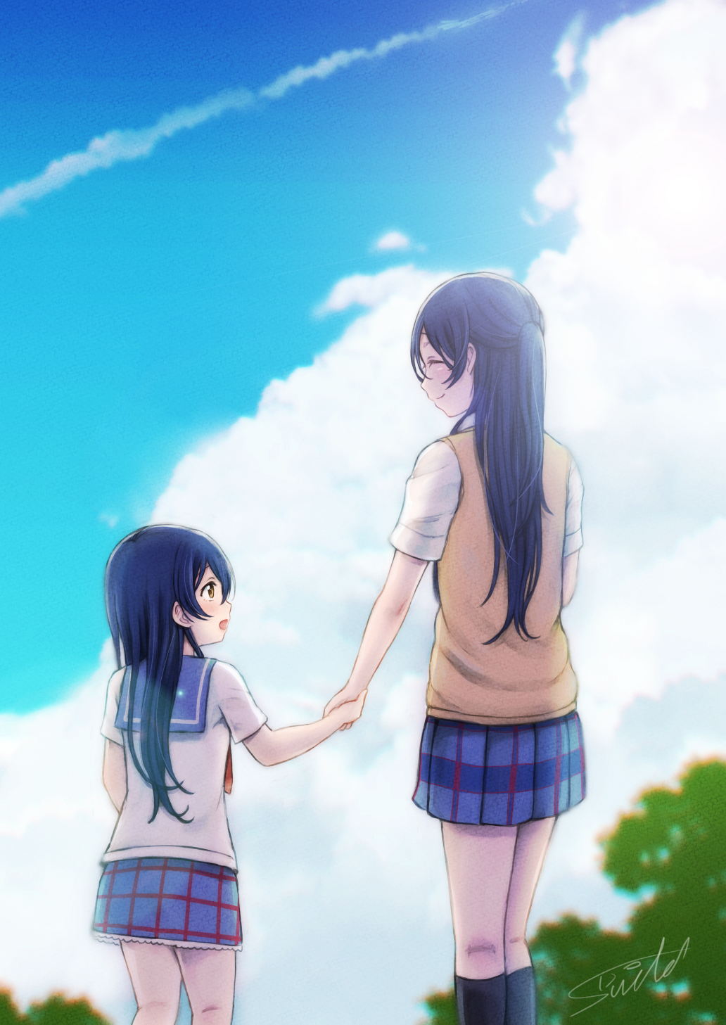 2girls :d bangs blue_hair blue_skirt brown_eyes child closed_eyes clouds condensation_trail dual_persona from_behind hand_holding highres kneehighs long_hair looking_at_another love_live! love_live!_school_idol_project multiple_girls open_mouth otonokizaka_school_uniform outdoors plaid plaid_skirt pleated_skirt school_uniform serafuku short_sleeves signature skirt smile sonoda_umi suito sweater_vest time_paradox yellow_eyes younger