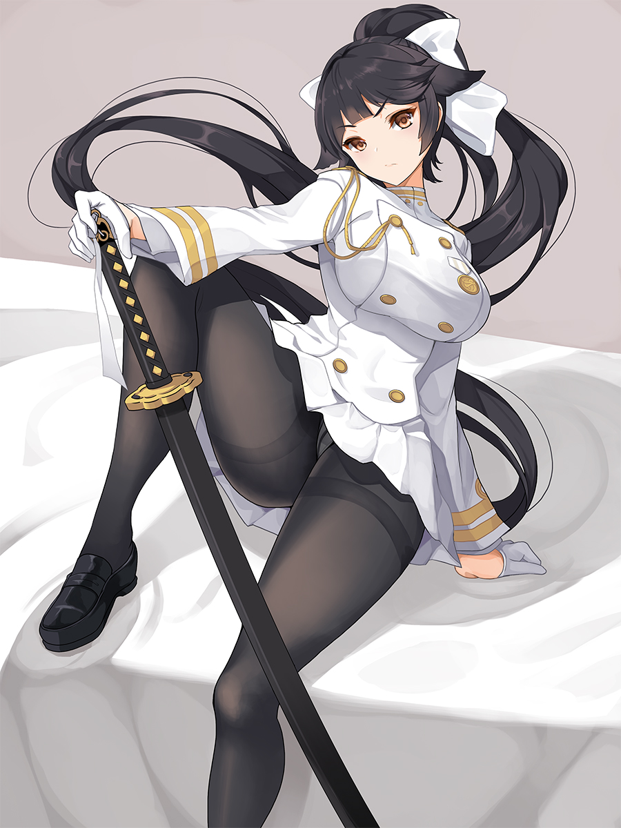 1girl arm_support azur_lane bangs bed_sheet black_footwear black_hair black_legwear bow breasts brown_eyes closed_mouth commentary_request eyebrows_visible_through_hair gloves hair_bow half_gloves head_tilt high_ponytail highres holding holding_sword holding_weapon jacket katana koflif large_breasts loafers long_hair long_sleeves looking_at_viewer military_jacket panties panties_under_pantyhose pantyhose pleated_skirt ponytail sheath sheathed shoes sitting skirt solo sword takao_(azur_lane) thighband_pantyhose underwear v-shaped_eyebrows very_long_hair weapon white_bow white_gloves white_jacket white_skirt