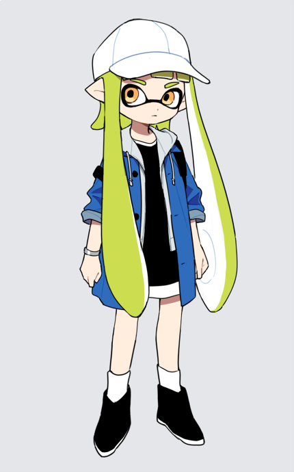 1girl bangs baseball_cap black_footwear black_shirt blue_jacket blunt_bangs bracelet casual closed_mouth commentary_request domino_mask drawstring full_body gomi_(kaiwaresan44) green_hair hat hood hoodie inkling jacket jewelry light_frown long_hair long_sleeves looking_at_viewer mask open_clothes open_jacket orange_eyes pointy_ears shirt shoes simple_background skirt socks solo splatoon splatoon_1 standing tentacle_hair white_hat white_legwear white_skirt