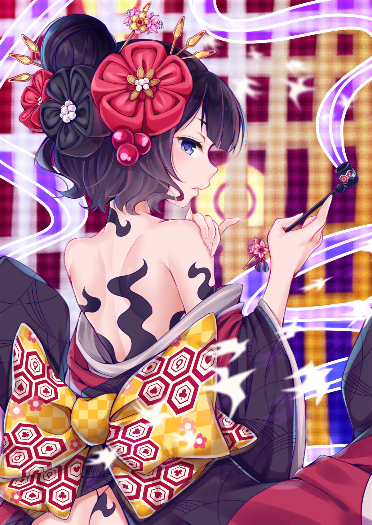 1girl bare_back black_hair black_kimono blue_eyes blurry depth_of_field fate/grand_order fate_(series) fine_art_parody flower hair_flower hair_ornament hairpin highres holding holding_pipe japanese_clothes katsushika_hokusai_(fate/grand_order) kimono kiseru ko_yu looking_back nihonga obi off_shoulder parody pipe profile sash short_hair smoke solo ukiyo-e