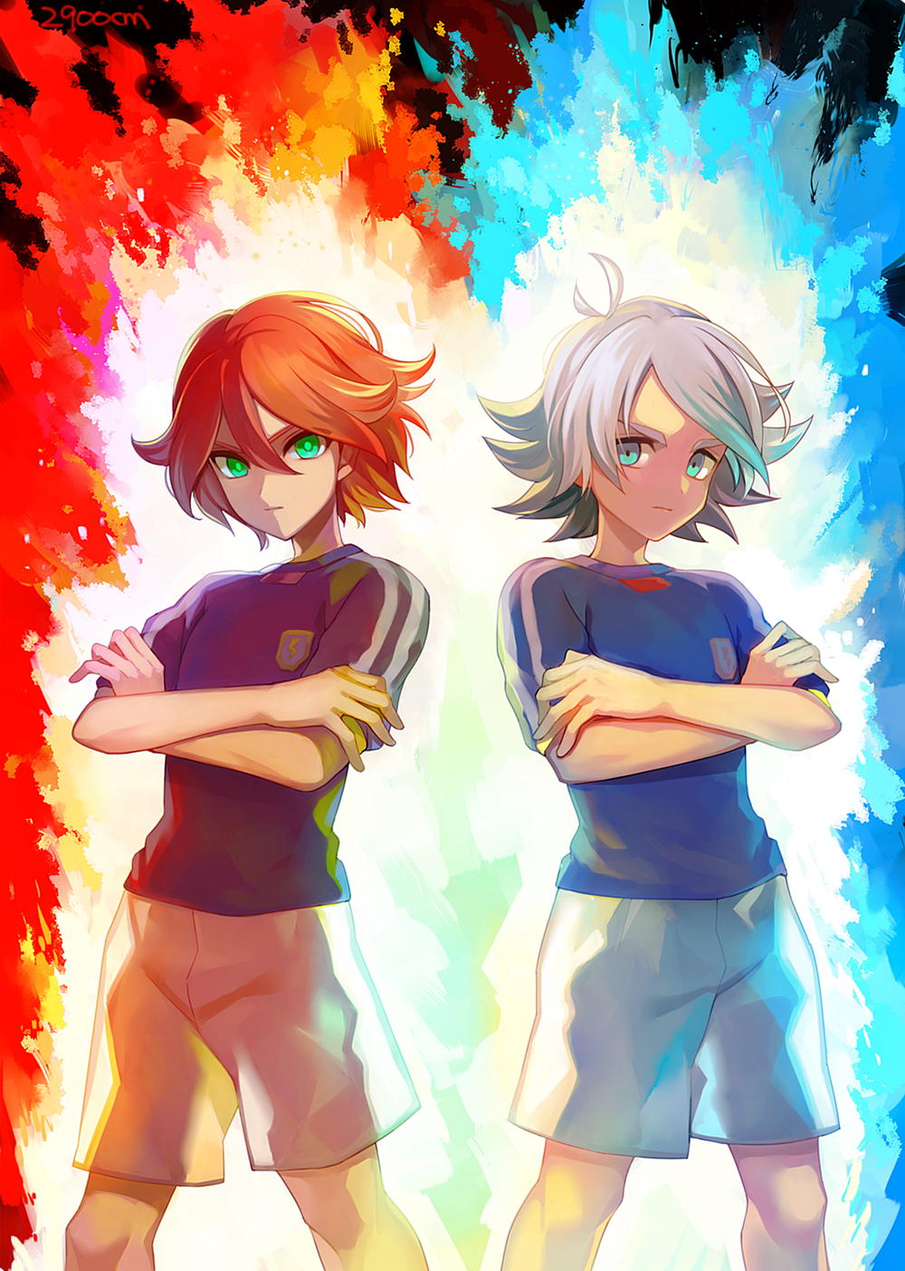 2900cm 2boys ahoge fubuki_shirou green_eyes highres inazuma_eleven inazuma_eleven_(game) inazuma_eleven_(series) kiyama_hiroto looking_at_viewer multiple_boys redhead soccer_uniform spiky_hair sportswear uniform white_hair